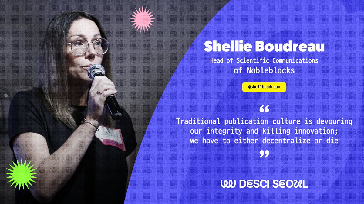 DeSci Seoul / SEP 2nd 2024 (@desciseoul) on Twitter photo "Traditional publication culture is devouring our integrity and killing innovation. We have to either decentralize or die." - <a href="/shellboudreau/">Shellie Boudreau, PhD</a>, Head of Scientific Communications <a href="/Nobleblocks/">NOBLEBLOCKS</a> at #DeSciSeoul
Watch the full video: youtu.be/2epJ1IR8qb4?si…
#DeSci #Publishing "Traditional publication culture is devouring our integrity and killing innovation. We have to either decentralize or die." - <a href="/shellboudreau/">Shellie Boudreau, PhD</a>, Head of Scientific Communications <a href="/Nobleblocks/">NOBLEBLOCKS</a> at #DeSciSeoul
Watch the full video: youtu.be/2epJ1IR8qb4?si…
#DeSci #Publishing