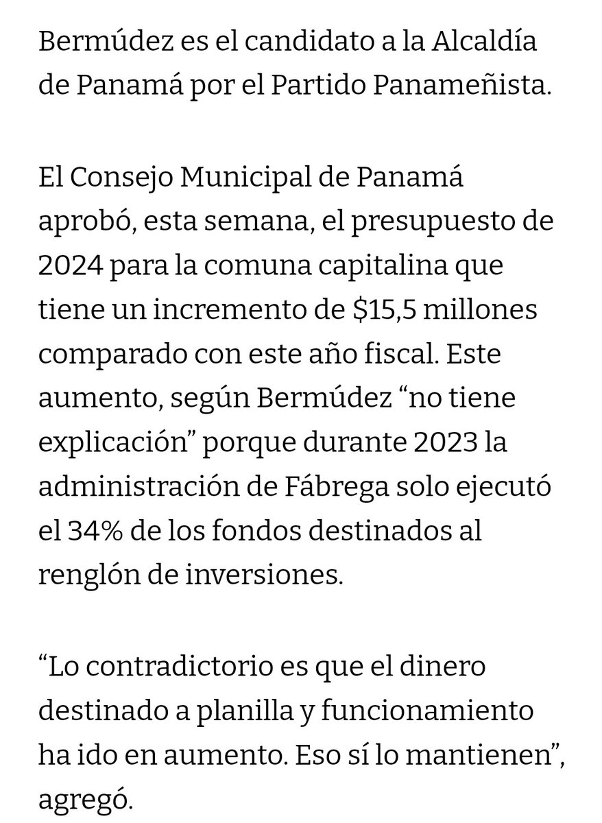 Datos sobre el presupuesto de la Alcaldía de Panamá:

2014 - aprox 95 millones 

2015 - aprox 126 millones

2024 - aprox 325 millones

Ni en el 2014 ni en el 2015 había fondos de descentralización. Eso empezó en el 2016. Ahora sí hay fondos de descentralización. Eso va a una