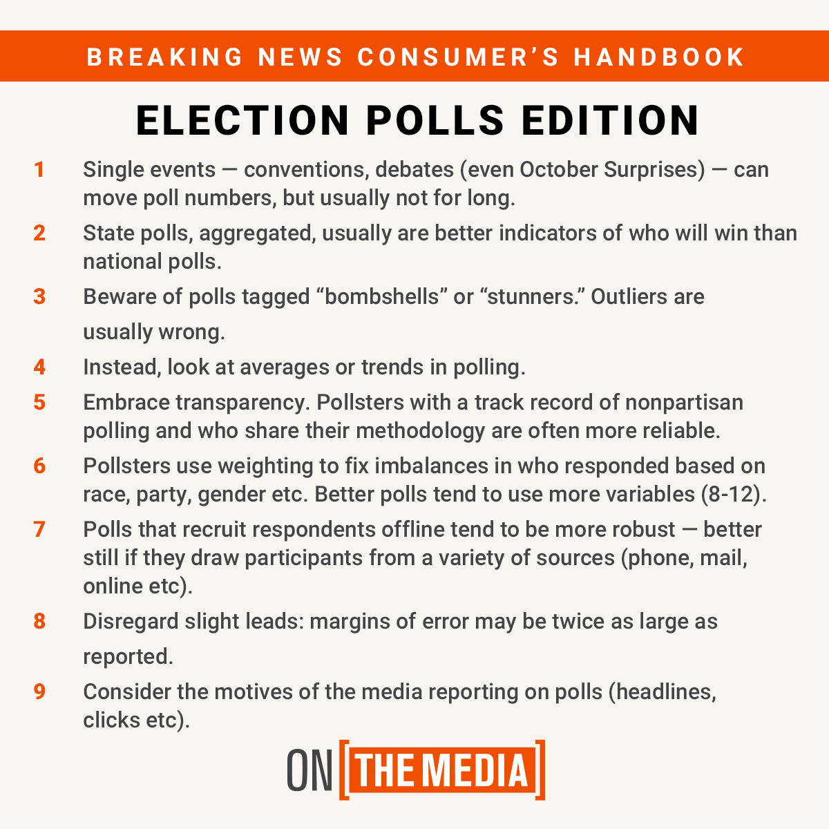 onthemedia's tweet photo. Presenting an updated Breaking News Consumer's Handbook! Election polling edition. 
Hear more in this week's show: https://t.co/t4nzIDFSmi https://t.co/GVgBRqie1H