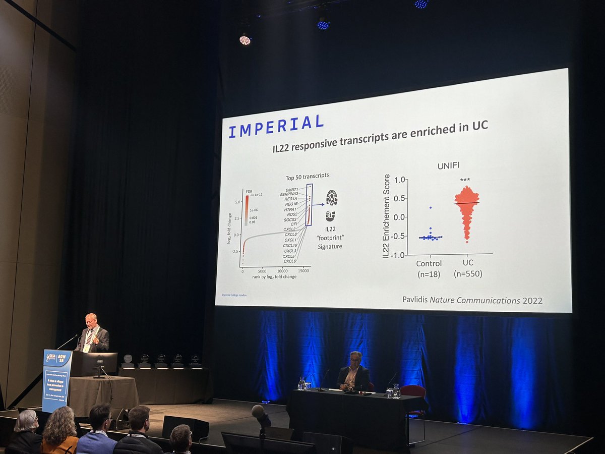 DocKateLynch's tweet image. Masterful Bushell Lecture by @NickPowellLab on his IBD mucosal immunology research - specifically,
looking at IL-22 and its role in IBD - predicts response to ustekinumab, unregulates neutrophil attracting chemokines, among others. #AGW2024