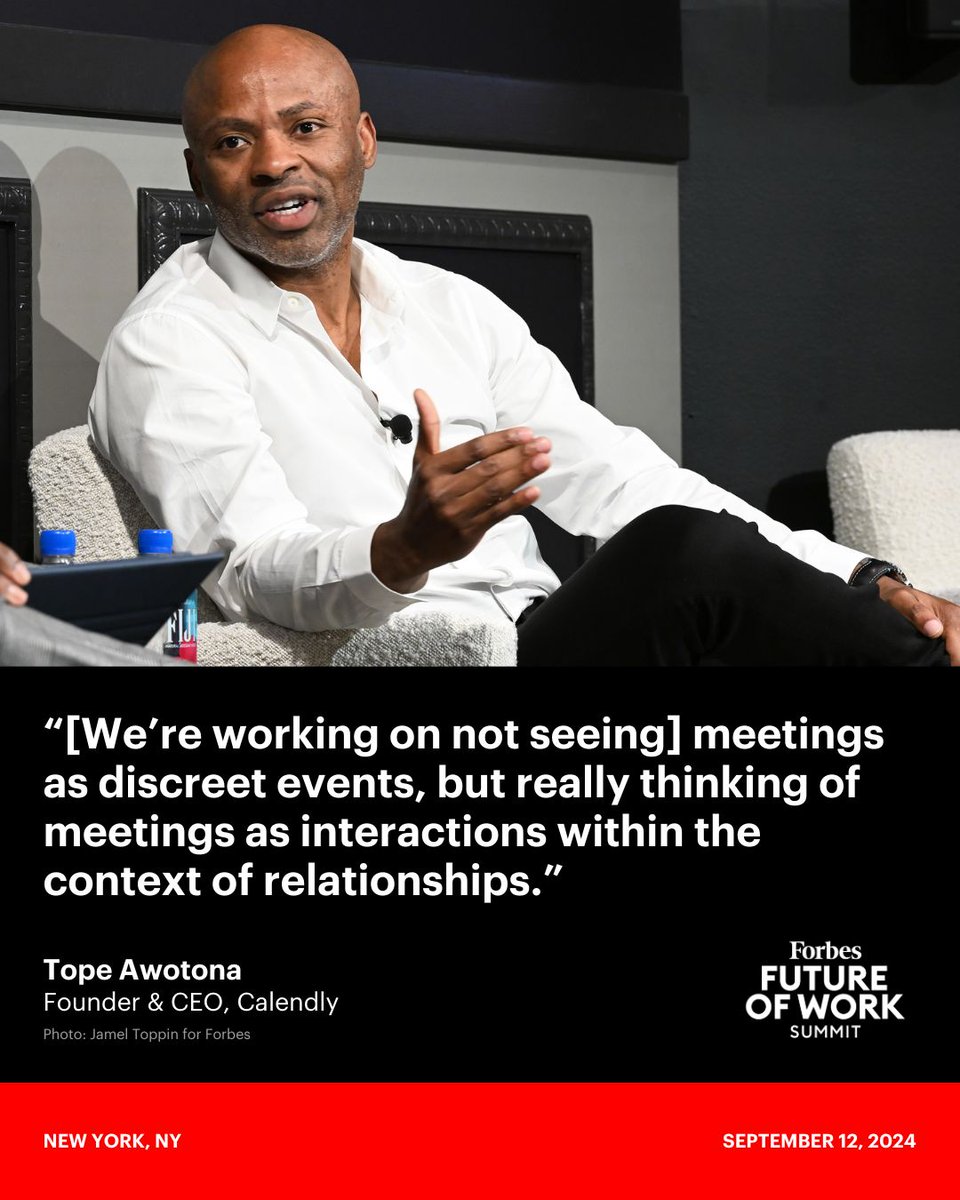 Forbes's tweet photo. .@Calendly CEO @TopeAwotona spoke about the future of meetings at the 2024 #ForbesFutureOfWork Summit. https://t.co/rvu8xI90WY https://t.co/D5JzE60qCk