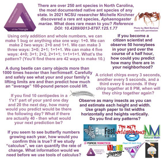 triangleMath's tweet image. Join us at BugFest at @NaturalSciences Saturday 10-7 where we are part of the ‘Math Neighborhood’ with math activities &amp;amp; ideas related to insects. We’re honored @NaturalSciences invited us to this big annual event! naturalsciences.org/calendar/bugfe… @MathHappensOrg @NaturalMath #bugFest