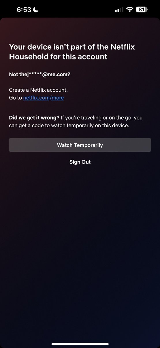 jobijoybit's tweet image. Got this message from @netflix on my home WiFi network. It says I can get a code to temporarily watch ON MY OWN HOME WIFI. I've been paying for their most expensive plan for quite a while and now they act like I'm using someone else's account on my own home WiFi? Not cool at all.