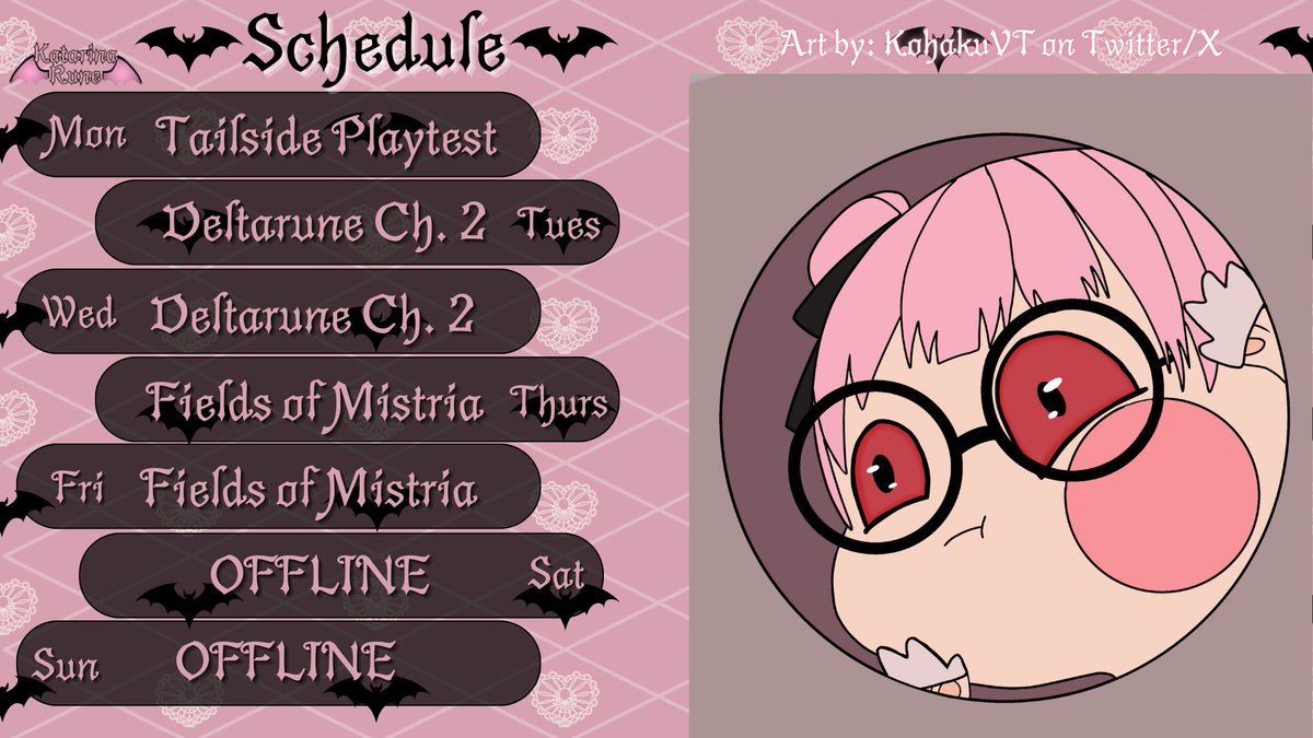 kittyvaniaVT's tweet photo. Stream schedule for 9/16 - 9/22!
Tags~
Gen: #KatarinaRune
Live: #RuneLIVE
Clips: #KataClips
Art: #RunieArt
Art by @KohakuVT <33 https://t.co/3GQj8ZDvkG