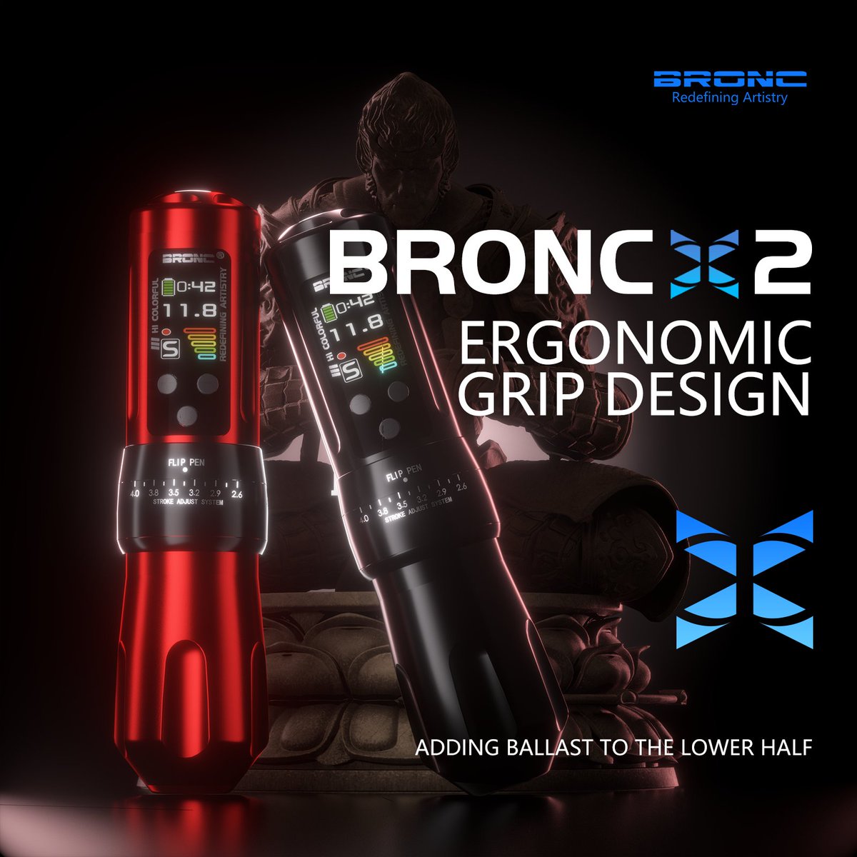 BRONC X2 Adjustable Wireless Pen 
Vertical groove cutouts enhance grip. Precision CNC machining allows 11 adjustable settings.Includes RCA adapter for wired/wireless versatility.
#wirelesstattoomachine #wirelesstattoopen #tattoopenwireless #professionaltattoomachines #tattoo