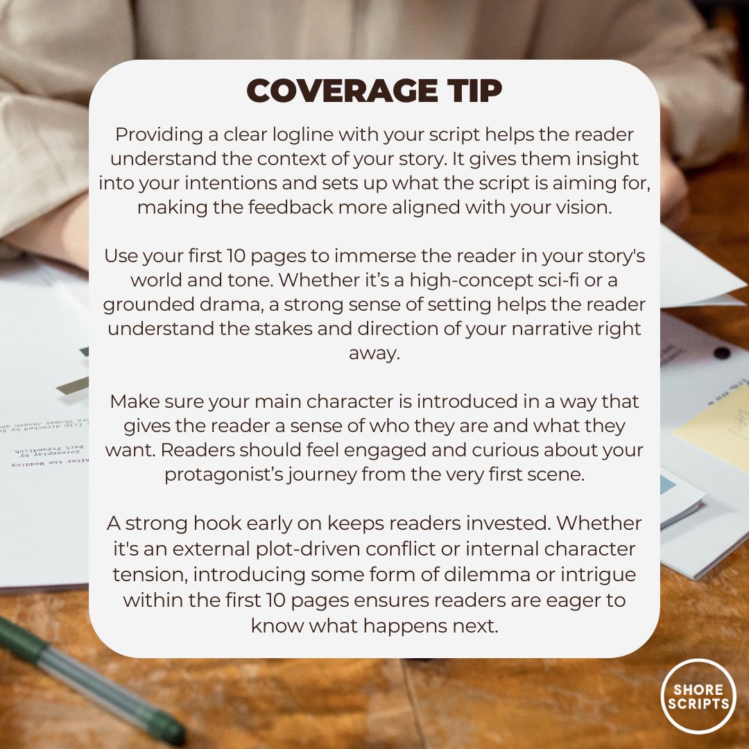 ShoreScripts's tweet photo. Want to get the best out of our First 10 Pages Coverage? Hook your audience by establishing the world, protagonist, and conflict early on. Include a logline to give our readers context for more focused feedback.  #scriptcoverage

https://t.co/WTu67y3ll4 https://t.co/qtvrQGMSzO