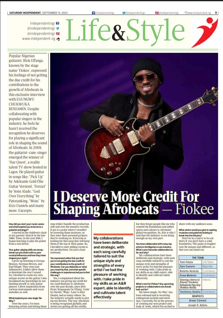 Talk2chukaben's tweet photo. I DESERVE MORE CREDIT FOR SHAPING AFROBEATS - FIOKEE
BY - EGUNGWU CHUKWUKA BENJAMIN
INDEPENDENT NEWSPAPER LAGOS, NIGERIA
@FIOKEE #Wizkid #HamsterKombat #BigWiz #CovenantUniversity #Dami #MercyJohnson #Lambo #Osinbanjo #Big4 #Bybit #Afrobeats #WanniDanbaki #fypシviral #fyp https://t.co/h3BoFUEqGV