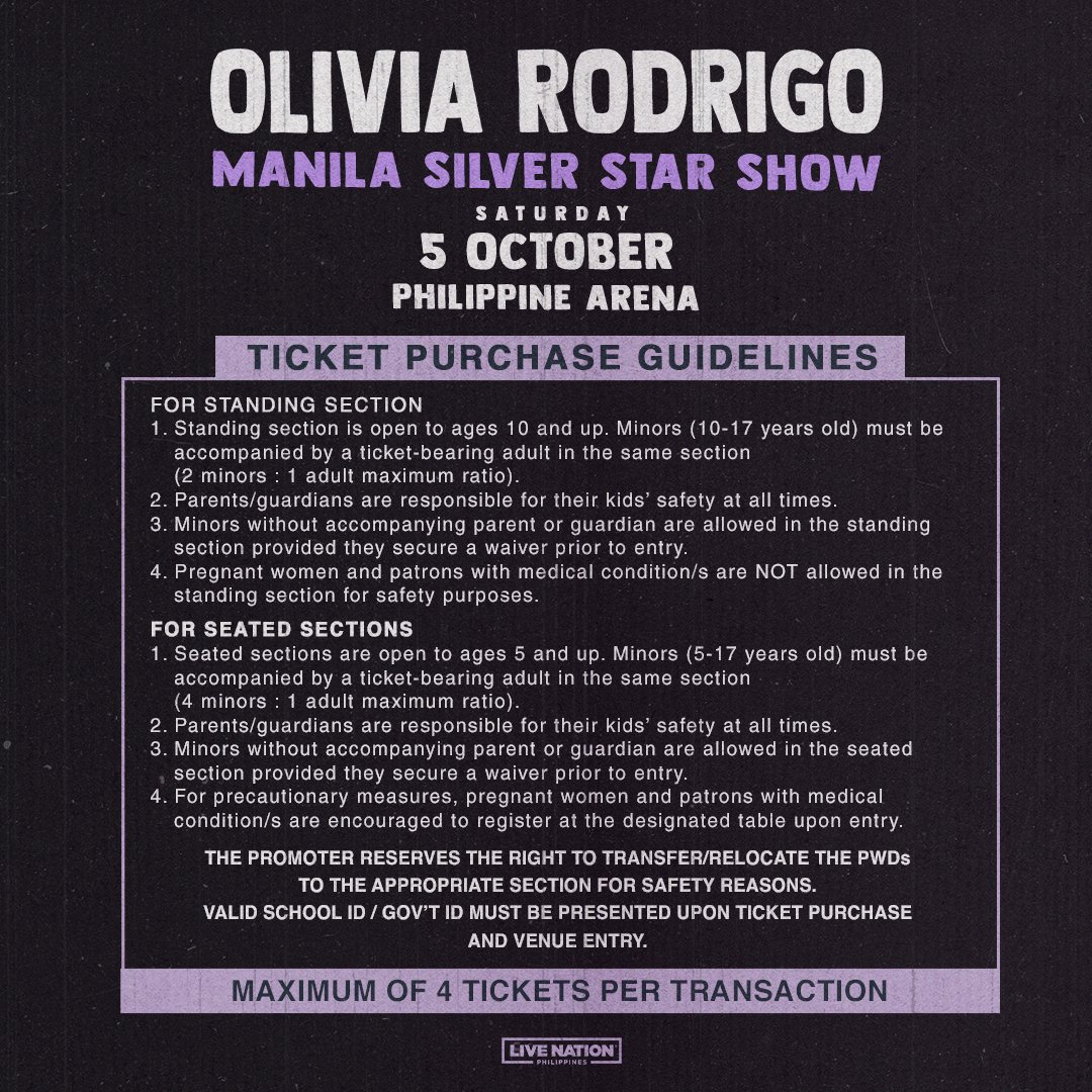 This is it, Livies  💜✨ Online selling for Olivia Rodrigo: Guts World Tour starts NOW at smtickets.com!

To avoid any inconvenience, please ensure you read and follow all instructions carefully. 

#OliviaRodrigoPH
#GutsWorldTourPH