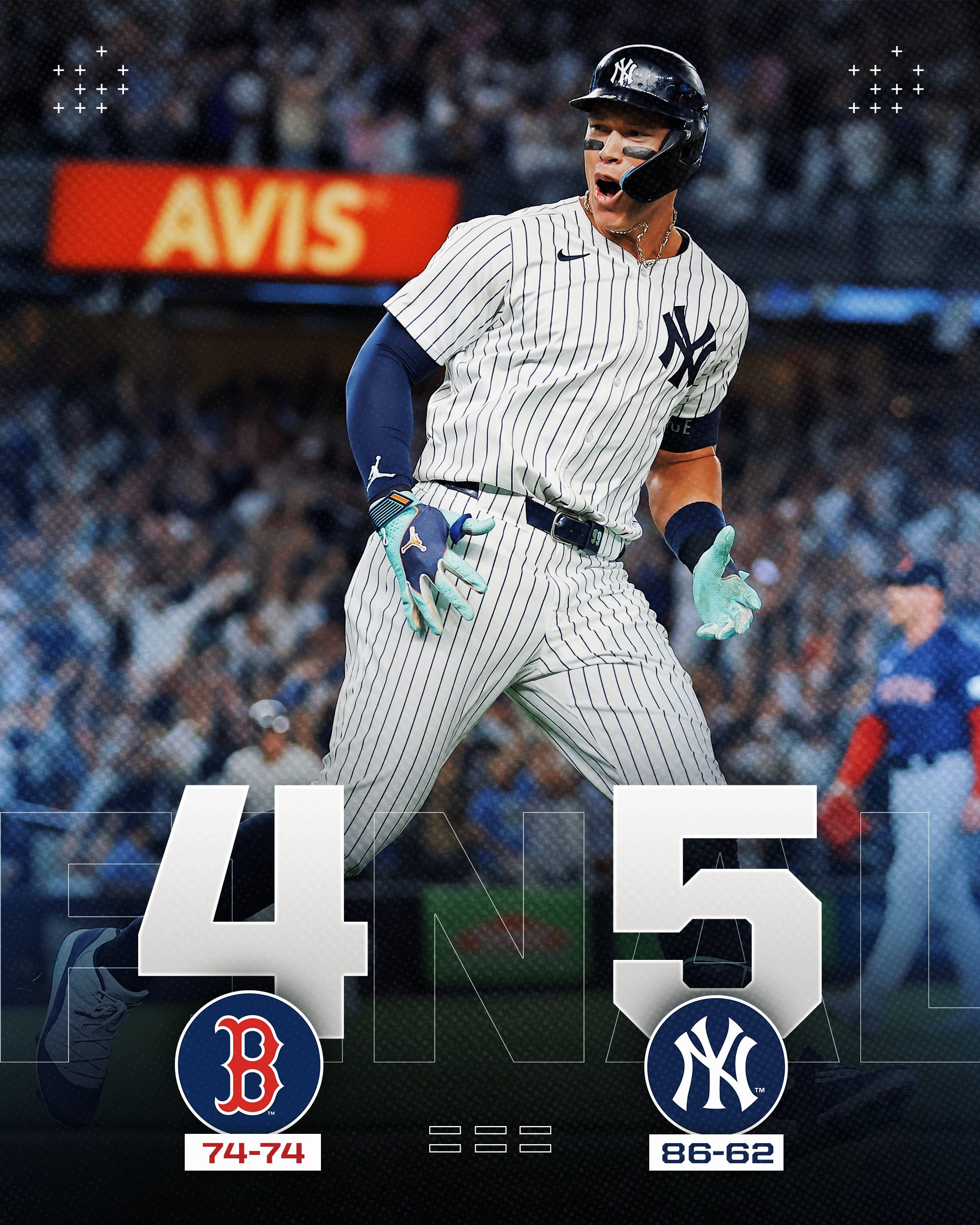 Final: Red Sox 4 (74-74), Yankees 5 (86-62)
Pictured: Aaron Judge yells while going up the first base line after hitting a grand slam. He is wearing a home Yankees uniform.