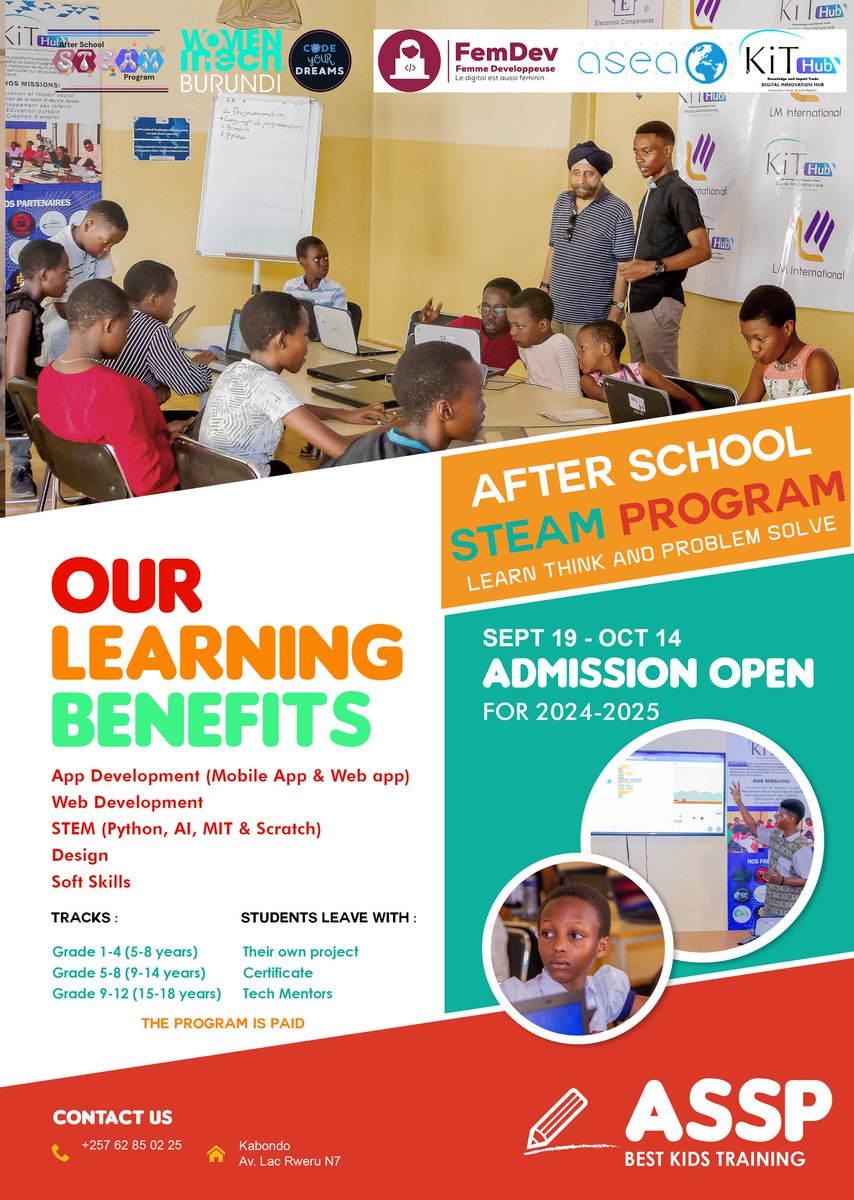 KithubNews's tweet image. 📢𝗔𝗣𝗣𝗘𝗟 À 𝗟&apos;𝗜𝗡𝗦𝗖𝗥𝗜𝗣𝗧𝗜𝗢𝗡 𝗗𝗨 𝗣𝗥𝗢𝗚𝗥𝗔𝗠𝗠𝗘 &apos;&apos;𝗔𝗙𝗧𝗘𝗥 𝗦𝗖𝗛𝗢𝗢𝗟 𝗦𝗧𝗘𝗔𝗠&apos;&apos; - 𝟮È𝗠𝗘 𝗣𝗥𝗢𝗠𝗢𝗧𝗜𝗢𝗡 

📝 Inscription :
Complétez notre formulaire ici : forms.office.com/Pages/Response…

📞 Pour plus d&apos;informations :
+257 62 850 225 (Appel &amp;amp; WhatsApp)