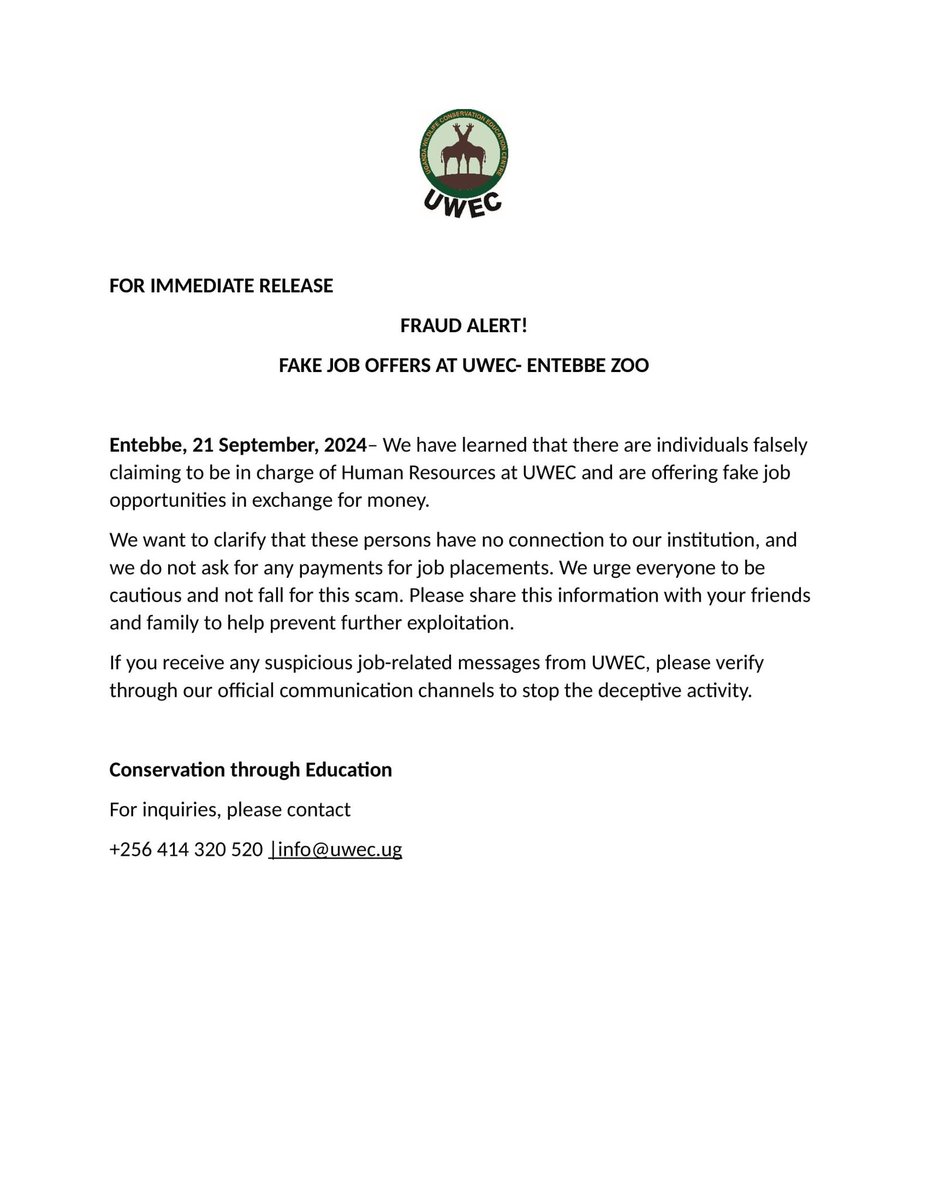 TheSecondOpini1's tweet photo. UWEC cautions the public against fake job offers
https://t.co/Gn9ewWtI11 https://t.co/rsIA9cllrI
