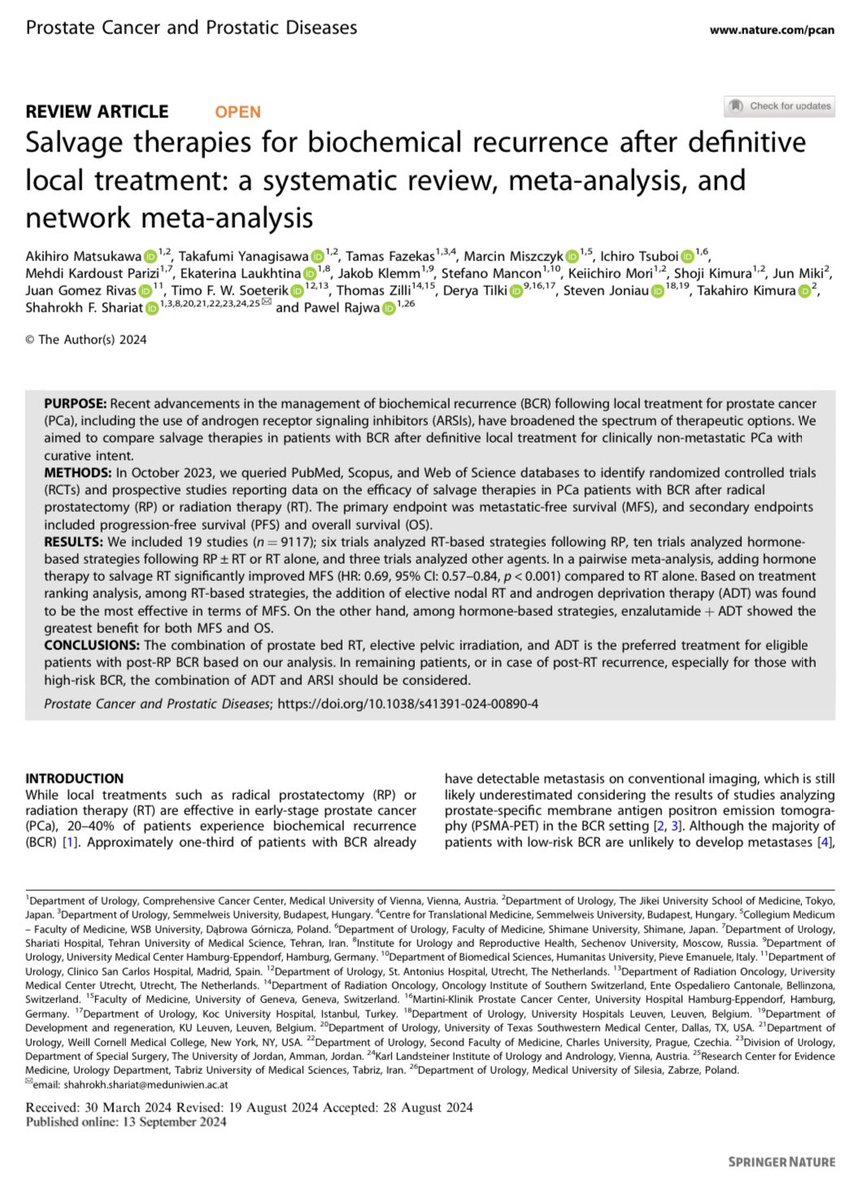 Juan Gómez Rivas (@jgomezrivas) on Twitter photo Recent advances in managing biochemical recurrence (BCR) after local treatment for prostate cancer (PCa) 🎯 
📊 We analyzed 19 studies (9117 patients) to compare different salvage therapies post-radical prostatectomy (RP) or radiation therapy (RT). Results show that combining RT Recent advances in managing biochemical recurrence (BCR) after local treatment for prostate cancer (PCa) 🎯 
📊 We analyzed 19 studies (9117 patients) to compare different salvage therapies post-radical prostatectomy (RP) or radiation therapy (RT). Results show that combining RT