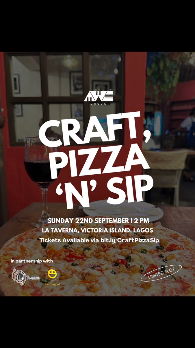 AweLagos's tweet photo. Unleash your inner artist at our Craft, Pizza &amp; Sip experience tomorrow! 🎨🍕🥂 

📍La Taverna Restaurant, Victoria Island, Lagos 

🎟️ ₦30,000+ | includes; painting materials + Pizza, light bites and a drink during the experience

Tickets available here https://t.co/761m8rXStI https://t.co/q3FszlqvKB
