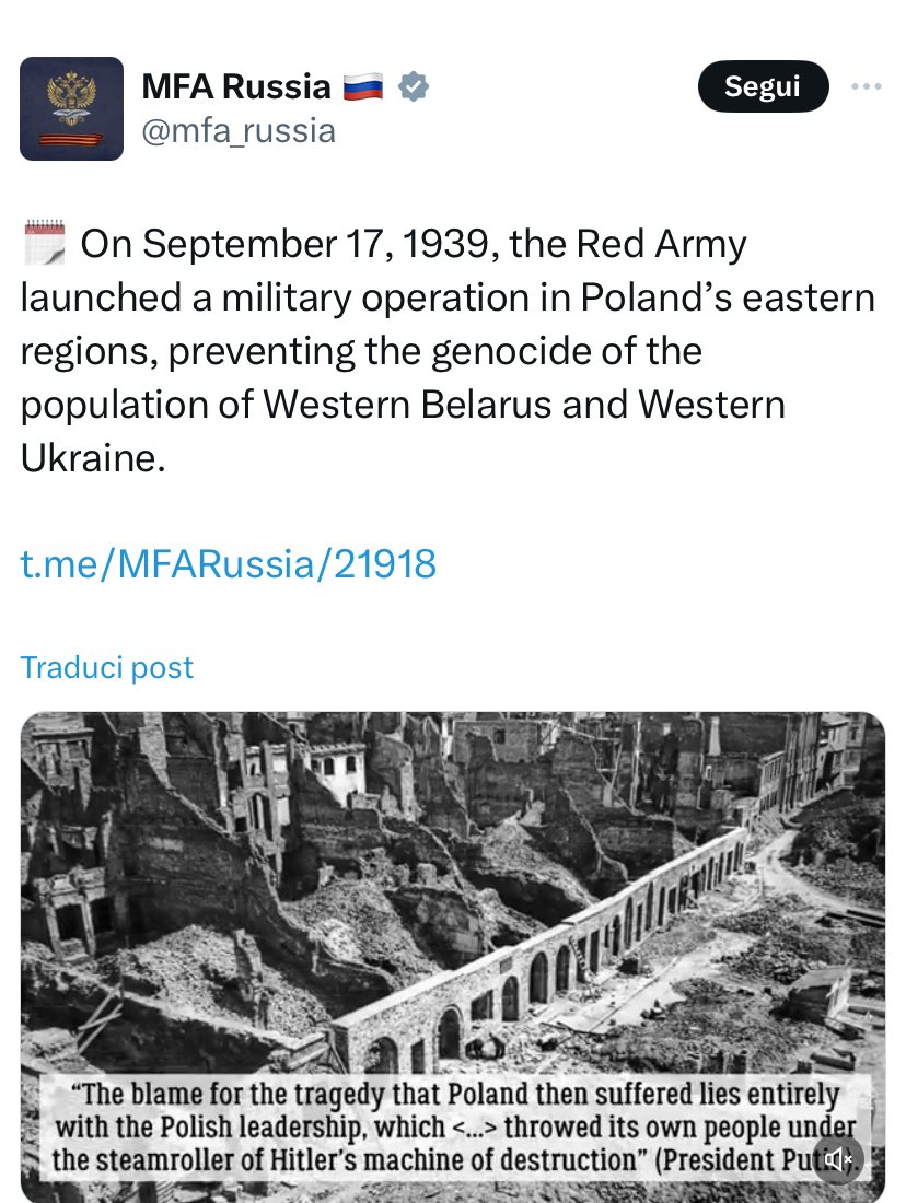 Il ministero degli Esteri russo riscrive la storia. Che vergogna.

la Polonia fu invasa nell’ambito del patto dei russi coi nazisti, migliaia di polacchi furono uccisi, centinaia di migliaia fatti prigionieri, poi a Katyn i russi sterminarono 22mila polacchi.