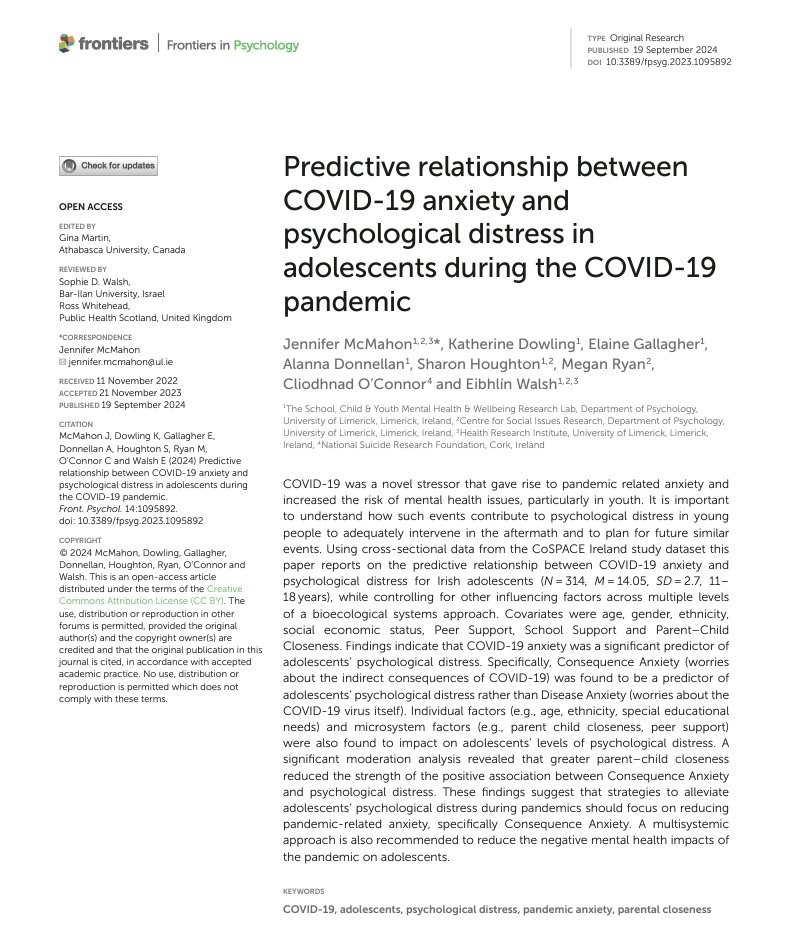 🗣️ New <a href="/CoSPACEIreland/">Co-Space Ireland</a> publication led by @jennytalkspsych &amp; co-authored by <a href="/K_Dowling1/">Katie Dowling, PhD</a> <a href="/Eibhlin_W/">Eibhlin Walsh, PhD</a> <a href="/Enviro_Elaine/">Elaine Gallagher</a> <a href="/Cleeeeena/">Cliodhna O'Brien</a> <a href="/megn_ryn/">Megan Ryan</a> reporting on the relationship between COVID-19 anxiety &amp; psychological distress among Irish adolescents (1/3)