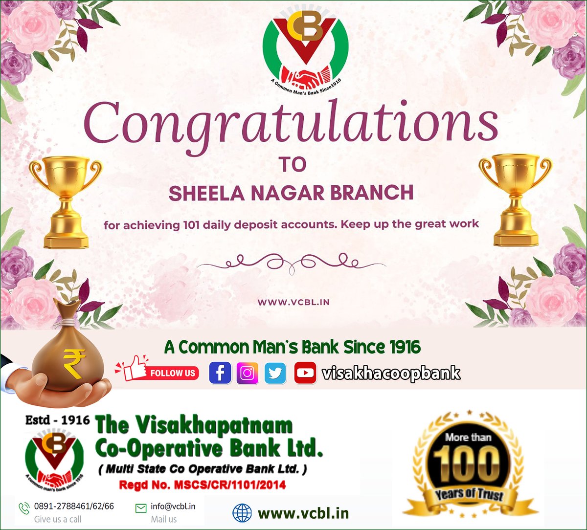 visakhacoopbank's tweet photo. Congratulations to VCBL Sheela Nagar Branch for achieving 101 daily deposit accounts! 🎉 Keep up the great work! 💪
Follow us 👉 @visakhacoopbank
Visit our website: 🌐 https://t.co/icR8XNNO2r
#VisakhaCoopBank #VCBL #BankingSuccess #MilestoneAchieved #DailyDeposits #GreatJob #Teamwork