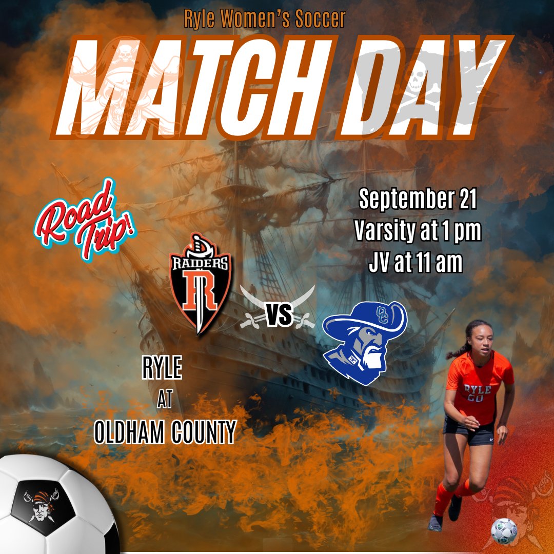 Road trip! Come cheer on the Lady Raiders as they take on Oldham County! ⚽️⚔️🏴‍☠️ 
Junior Varsity at 11 AM
Varsity at 1 PM
ONE HEART
ONE MIND
ONE PROGRAM 
#Hoorah
#RaiderNation