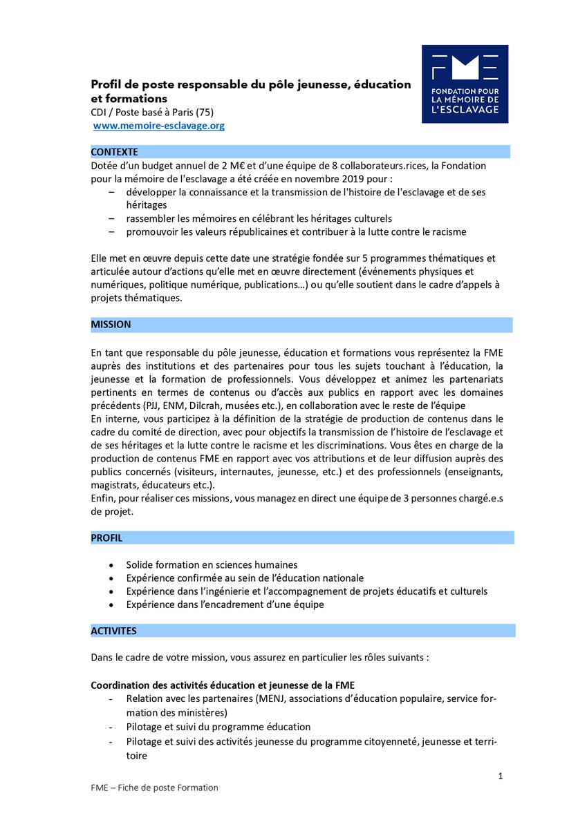 fondation_me's tweet photo. LA FME RECRUTE - Un.e responsable du pôle jeunesse, éducation et formations - CDI / Poste basé à Paris (75)
POUR POSTULER : Envoyer CV et lettre de motivation à : direction@fondationesclavage.org
👇FICHE DE POSTE DETAILLEE👇 https://t.co/e0F4oAvLBV