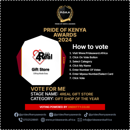 4real_254's tweet image. 🔗 How to Vote:
1️⃣Head to prideawards.africa
2️⃣Click "Vote"
3️⃣Decide how many votes to cast (each vote is just 10 bob!)
4️⃣Pay via Mpesa
5️⃣Hit "Vote"—you’re done! 🎯
#KenyaBusiness #GiftShop #VotingGuide