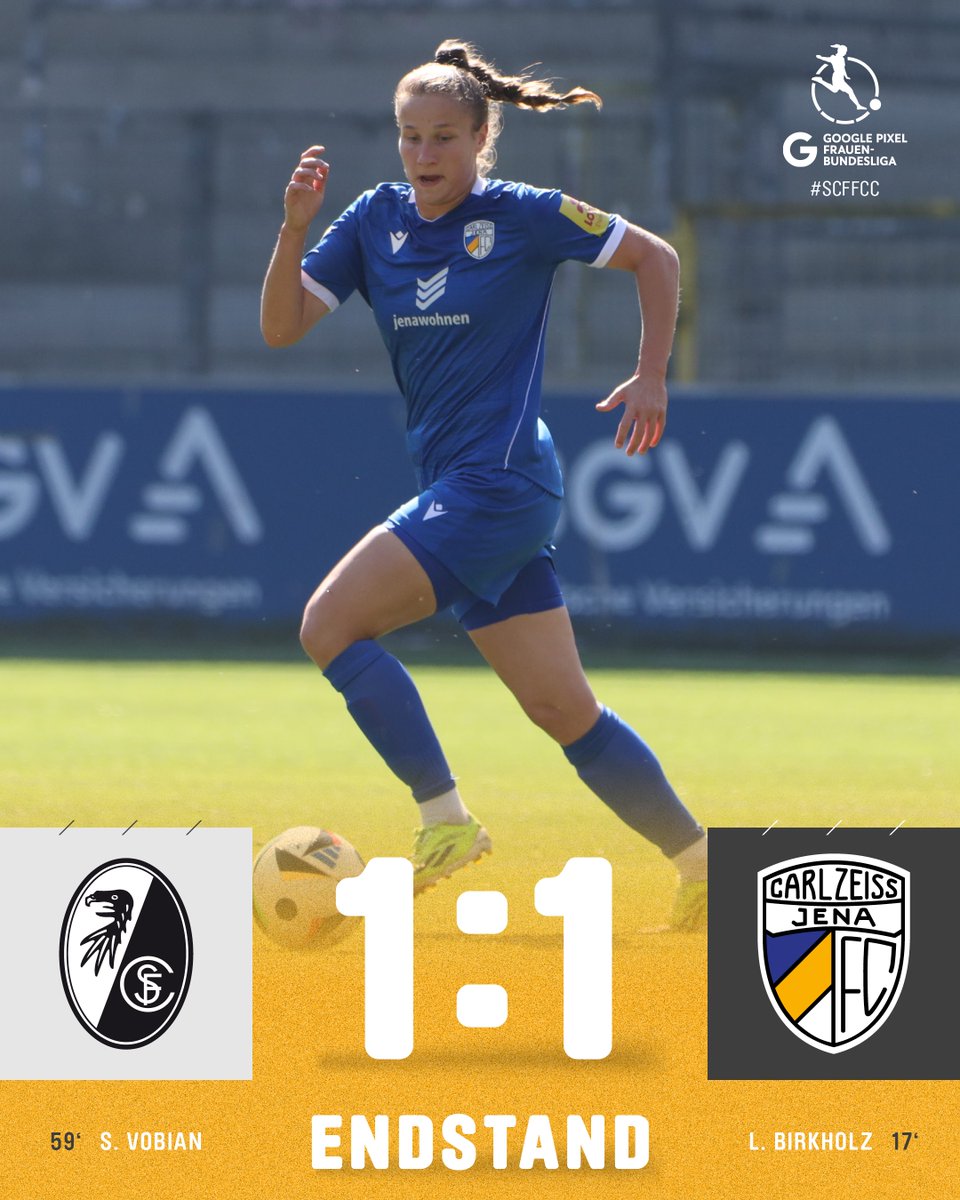 FCCFrauen's tweet photo. 𝐄𝐍𝐃𝐒𝐓𝐀𝐍𝐃
Der 1. Punkt der Saison ist da!💙💛🤍
Wir nehmen, wie von Trainer Florian Kästner gewünscht, etwas zählbares aus dem Breisgau mit zurück nach Jena. Mit 1:1 trennen wir uns vom SC Freiburg.
#FCC #MehrAlsFussball #fccfrauen #nichtohnemeinemädels #DieLiga #SCFFCC https://t.co/eLKXCEucCd