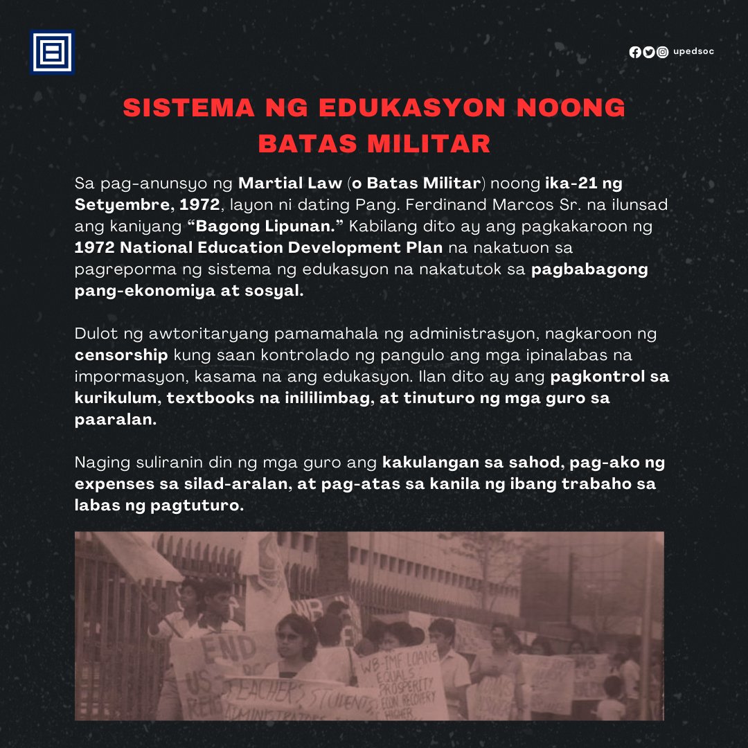 upedsoc's tweet photo. Sa pakikiisa sa National Teacher’s Month at pag-aalala ng Batas Militar na idineklara noong ika-21 ng Setyembre, 1972, ating tignan ang paglaban ng mga guro sa panahong tinakpan sila ng mapagpalayang boses dulot ng awtoritaryang pamamahala. https://t.co/czBkiNOH3y