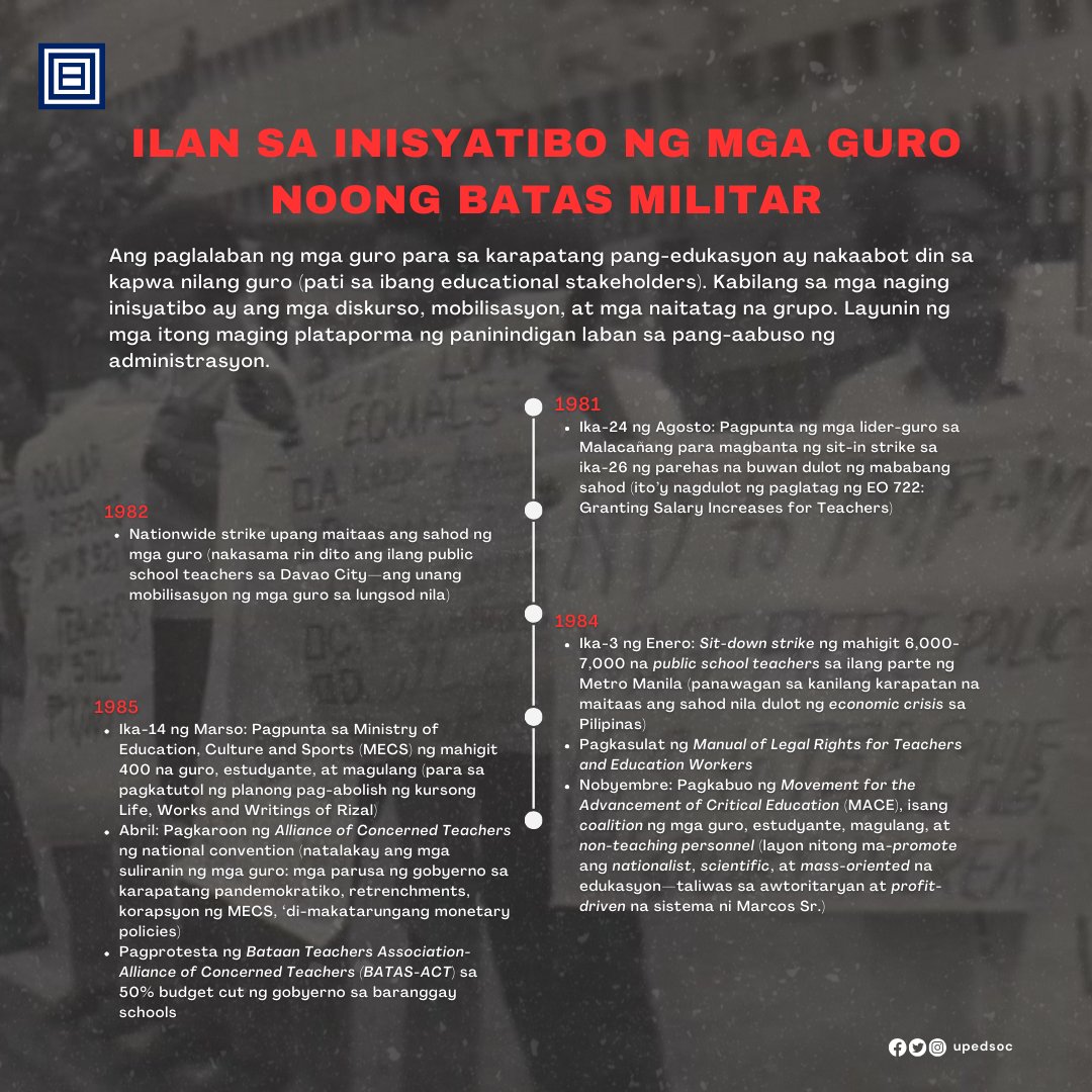 upedsoc's tweet photo. Sa pakikiisa sa National Teacher’s Month at pag-aalala ng Batas Militar na idineklara noong ika-21 ng Setyembre, 1972, ating tignan ang paglaban ng mga guro sa panahong tinakpan sila ng mapagpalayang boses dulot ng awtoritaryang pamamahala. https://t.co/czBkiNOH3y