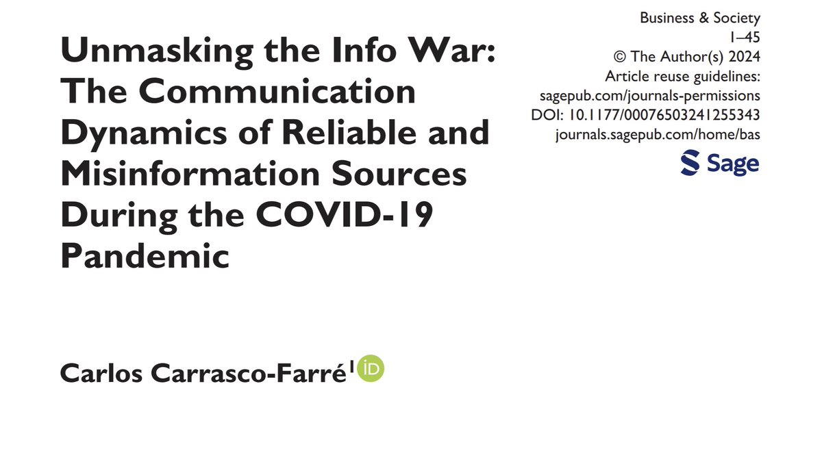 ONLINE FIRST! What are the key #COVID19 topics that receive focus from reliable sources &amp; misinformation sources? How do these topics &amp; their importance evolve over time? <a href="/CCFarre/">Carlos Carrasco-Farré, PhD</a> (<a href="/tbs_education/">TBS Education</a>) explores these questions in his new research. Learn more: journals.sagepub.com/doi/abs/10.117…