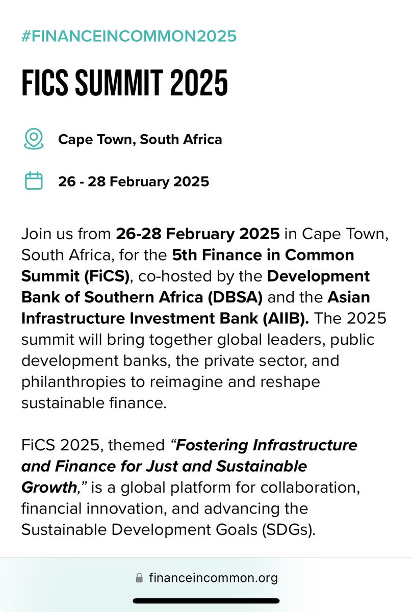 🎯The next Finance in Common Summit will take place in Cape Town 🇿🇦, 26-28 Feb 2025. Just ahead of the South African #G20, an opportunity to reflect on the role of Public Dev Banks #PDBs in financing the #Just #Transitions. 

👏🏻 <a href="/DBSA_Bank/">DBSA Bank</a> <a href="/AIIB_Official/">AIIB</a> <a href="/AFD_en/">AFD_en 🇫🇷 🇪🇺</a> <a href="/FinanceInCommon/">Finance in Common</a>