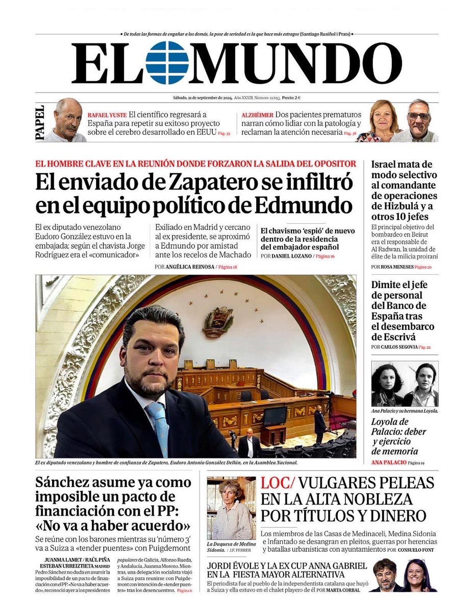 ReporteYa's tweet photo. #21Sep #Edmundo
Periódico El Mundo reveló cómo el operador de la MUD, Eudoro González, representante de Zapatero, se infiltró en el entorno de Edmundo para presionar y lograr exilio del presidente electo. "Eudoro se apareció junto al jefe del SEBIN en la casa de González" - @AsiEsNoticiasVe
