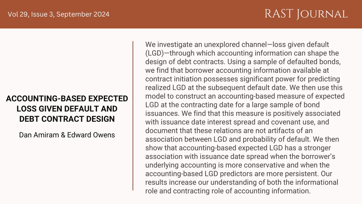 RastJournal's tweet image. Amiram &amp;amp; Owens reveal how Loss Given Default (LGD) impacts debt contract design. Initial accounting data predicts LGD, driving spreads &amp;amp; covenants, with stronger effects in conservative accounting and persistent predictors. Discover more: rdcu.be/dPTJY #SeptemberIssue