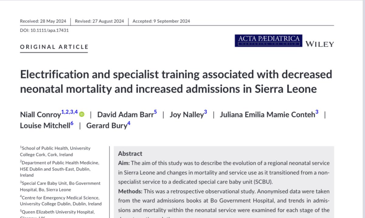 Niall Conroy (@nicu_doc_salone) on Twitter photo Our paper examining the changes in mortality and service use at the neonatal unit in Bo Government Hospital, Sierra Leone over a 5 year period has just been published in <a href="/ActaPaediatrica/">Acta Paediatrica</a> This is the paper that I’m most proud of so far in my career because it reflects some really Our paper examining the changes in mortality and service use at the neonatal unit in Bo Government Hospital, Sierra Leone over a 5 year period has just been published in <a href="/ActaPaediatrica/">Acta Paediatrica</a> This is the paper that I’m most proud of so far in my career because it reflects some really