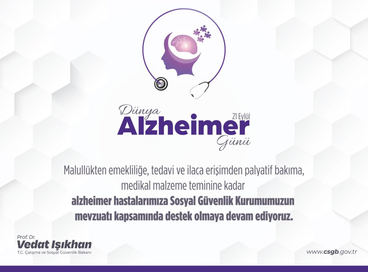 Alzheimer hastası vatandaşlarımıza malullükten emekliliğe, tedavi ve ilaca erişimden palyatif bakıma kadar birçok noktada destek oluyoruz. 

🗓️21 Eylül #DünyaAlzheimerGünü