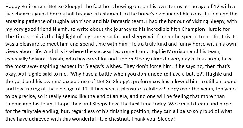 sam_angelina22's tweet photo. Emotional but happy day today with darling Not So Sleepy retiring at Newbury. He has been a pleasure to follow over the years and I was honoured be there for his fifth Champion Hurdle attempt. Thank you @Summerdown1997 @Hughiemorrison2 @charris_93 and congratulations with Sleepy! https://t.co/nZZc95fo8y