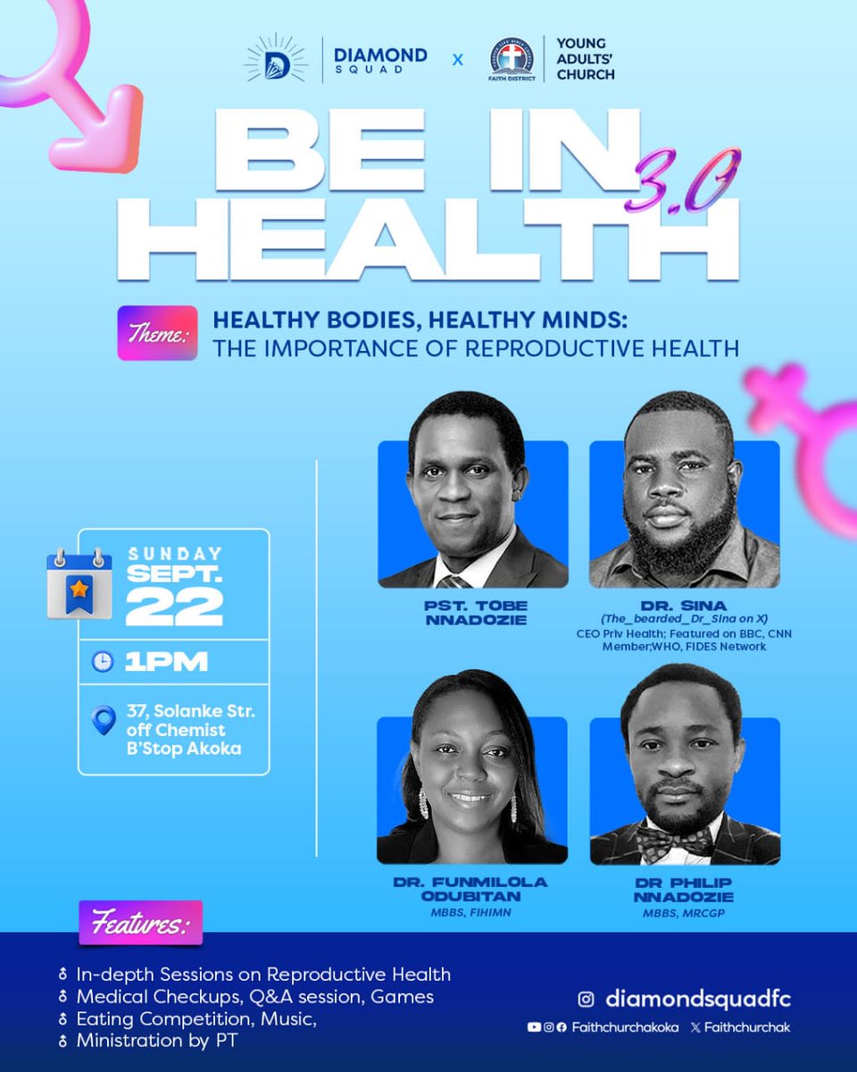 faithchurchak's tweet photo. Join us at BiH 3.0 on 22nd Sept at Faith Church, Akoka tagged HEALTHY BODIES, HEALTHY MINDS: THE IMPORTANCE OF REPRODUCTIVE HEALTH.
Register now to attend via https://t.co/bJYZ9peUwr
It's going to be enlightening & lit! Be there!
#BiH3
#Faithchurchakoka
#FaithTrybe https://t.co/h6OySIZF5L