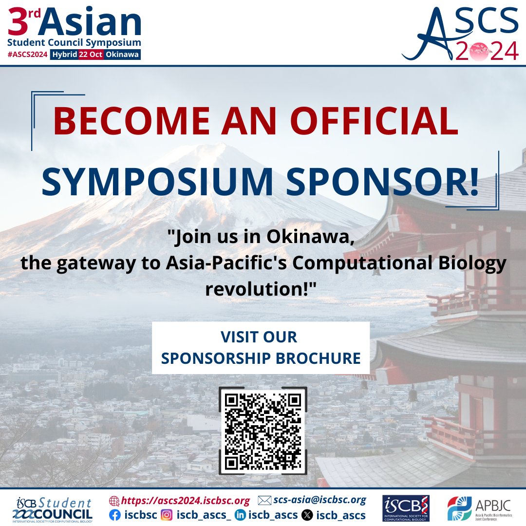 ASCS2024 (@iscb_ascs) on Twitter photo Calling for sponsorships 📢📢📢
We are seeking sponsors to support our symposium in Okinawa, Japan!
Be part of this exciting event and help us shape the future minds in computational biology and bioinformatics!
Get in touch with us now: scs-asia@iscbsc.org Calling for sponsorships 📢📢📢
We are seeking sponsors to support our symposium in Okinawa, Japan!
Be part of this exciting event and help us shape the future minds in computational biology and bioinformatics!
Get in touch with us now: scs-asia@iscbsc.org