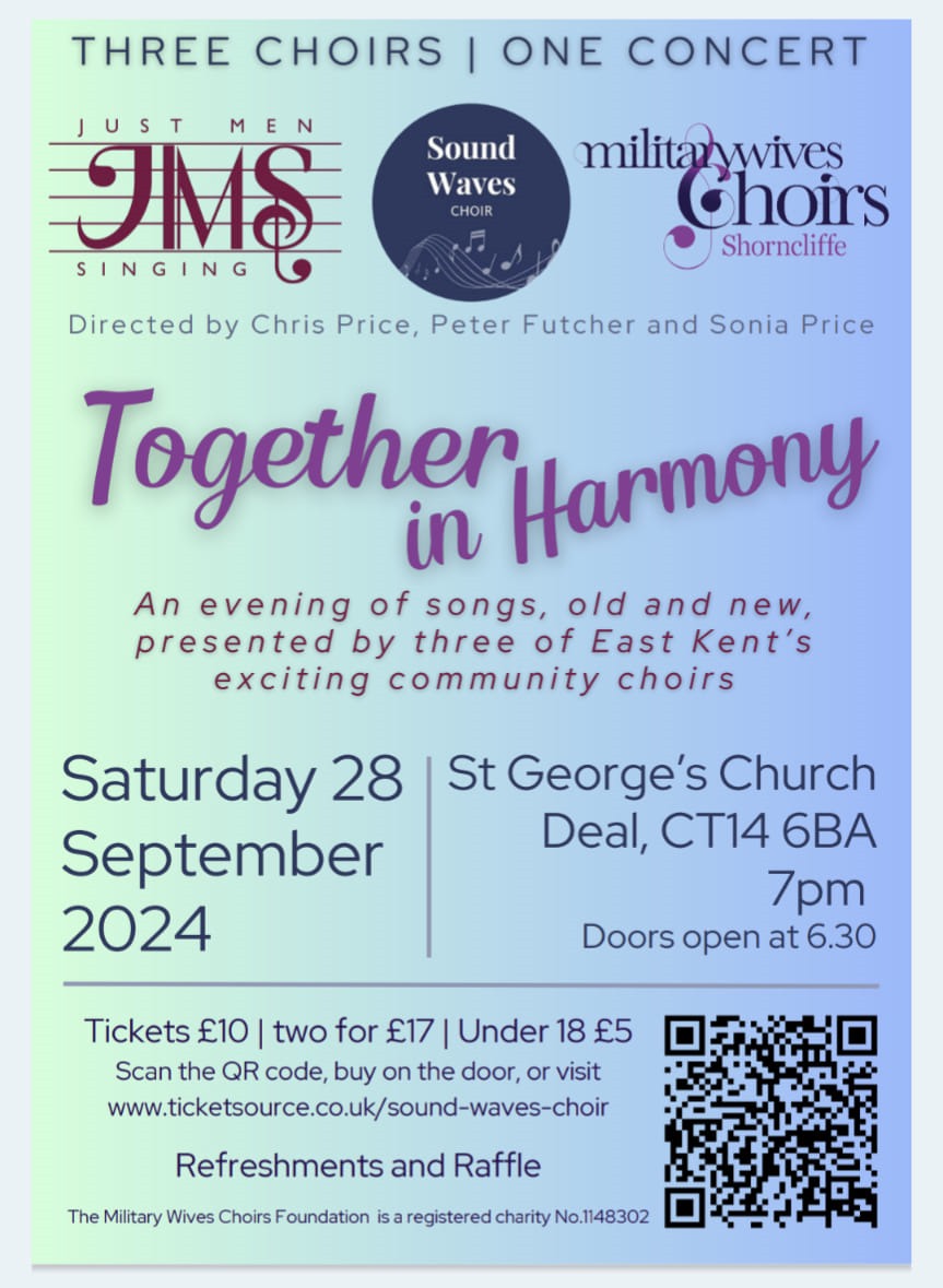 One week until this exciting Together In Harmony - One concert - Three Kent Choirs  featuring Shorncliffe Military Wives Choir  Just Men Singing  and Sound Waves Choir  three great choirs in one concert. Tickets are here ticketsource.co.uk/whats-on/deal/… 
We look forward to seeing you!