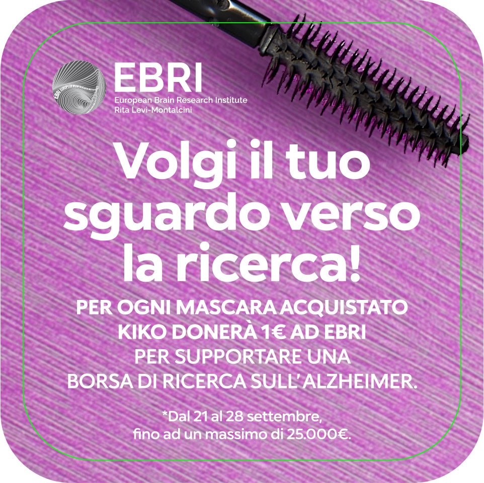 Volgi il tuo sguardo verso la ricerca!
Per ogni mascara acquistato KIKO donerà 1 euro ad EBRI per supportare una Borsa di Ricerca sull'Alzheimer.
.
<a href="/KikoMilanoIT/">KIKO MILANO IT</a> #ricercascientifica #Alzheimer  #GiornataMondialeAlzheimer