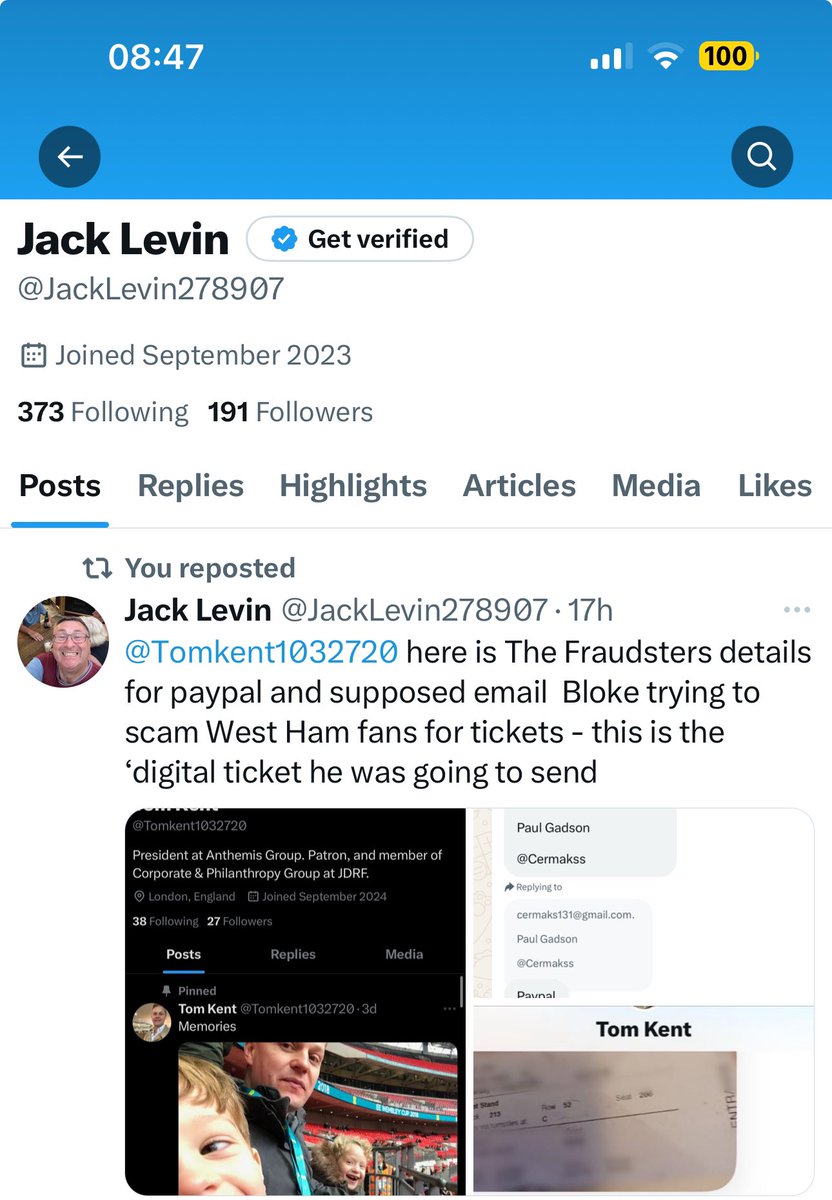 This scum bag is still trying to scam west ham fans - please go on his post and let him know i can’t as he’s blocked me - see these posts <a href="/Tomkent1032720/">Tom Kent</a> - seriously the tickets would have gone by Now - look at the ticket in the post ! Not even a digital ticket Be Warned