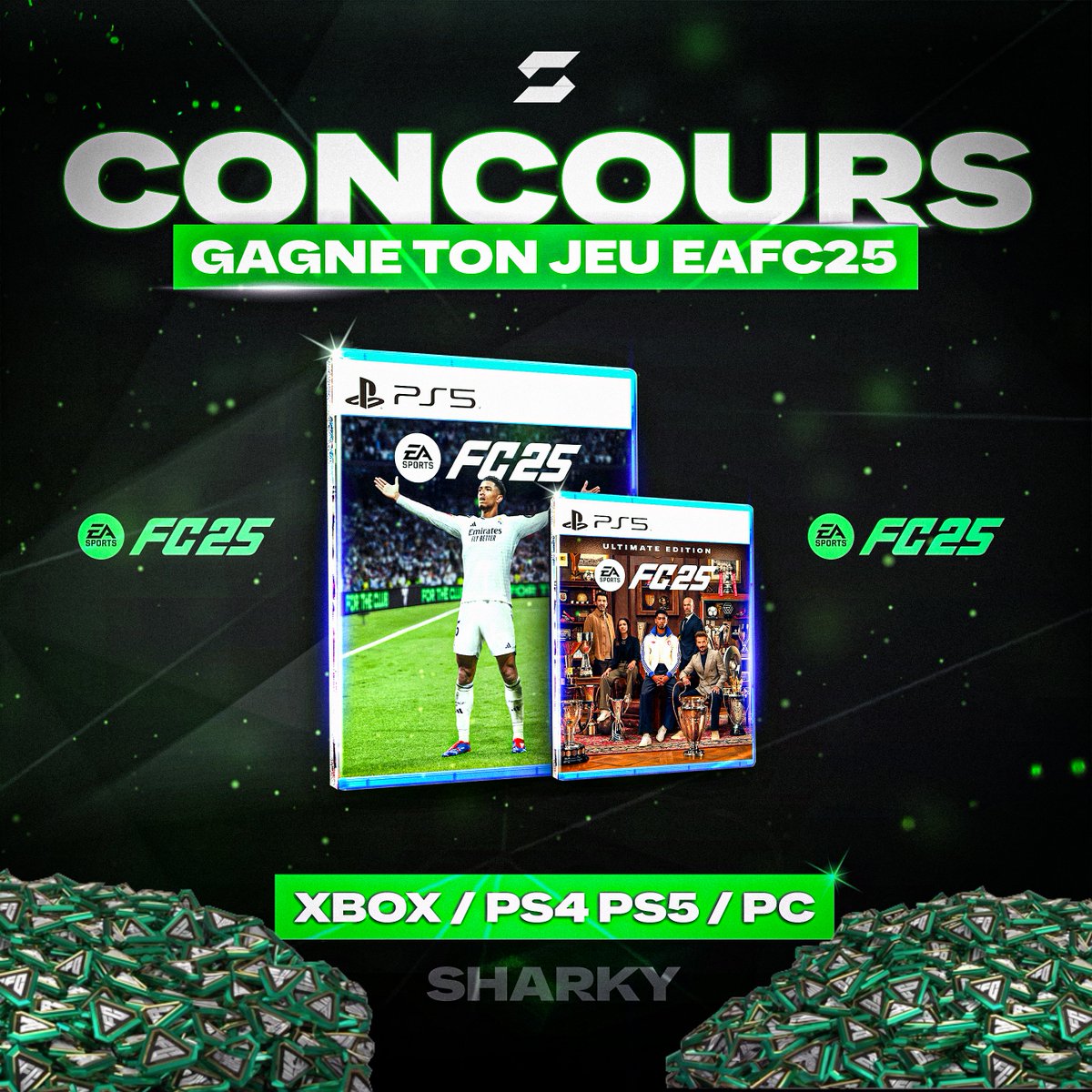 SharkyTwitch's tweet image. 🎁𝗖𝗢𝗡𝗖𝗢𝗨𝗥𝗦 𝗘𝗔𝗙𝗖𝟮𝟱🎁

Gagne ton jeu EAFC25 (ou Points FC)🟢

Pour Participer :

-Follow @SharkyTwitch 
-Like + RT le Tweet
-Commente ta plateforme

🍀Participe aussi sur Insta : JLSHARKY

T.A.S le 27/09 ✅

#FC25 #EAFC #EAFC25 #EAFC24 #CONCOURS #FUT #Giveaway #Ligue1