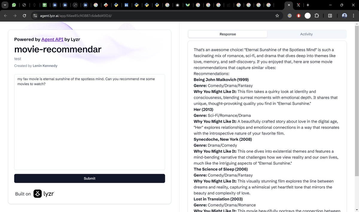 coderlens's tweet image. Just built an ai agent using @LyzrAI in 5 minutes! Check it out.
link: agent.lyzr.ai/app/66ee85cf43…