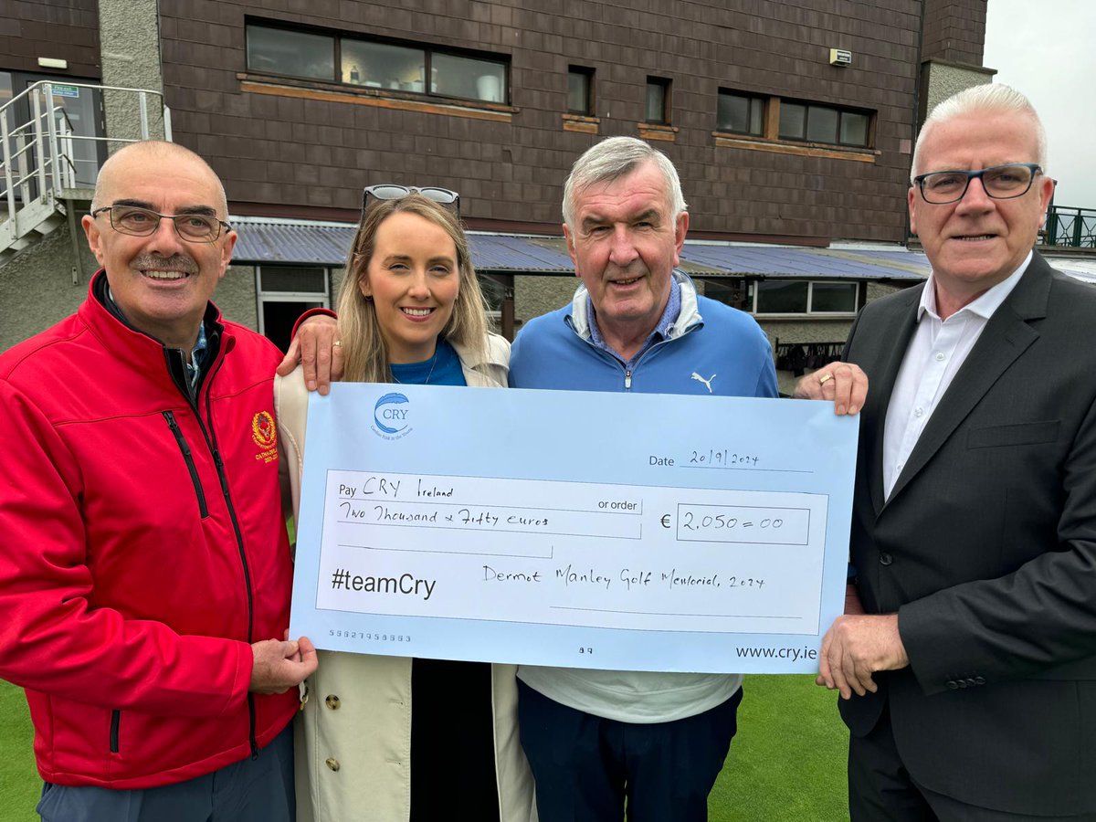 CRYIre's tweet photo. Thank You @StackstownGC for hosting the annual Dermot (Digger) Manley Memorial Outing and for your generosity &amp; support.

Pictured yesterday L-R
Eugene Banks, Chair, #StackstownGC, Kylie Manley, John Manley and Brendan Mulligan, Trustee, CRY.

#teamCRY 
#RememberingDermot💙 https://t.co/ZkLpVCggy1
