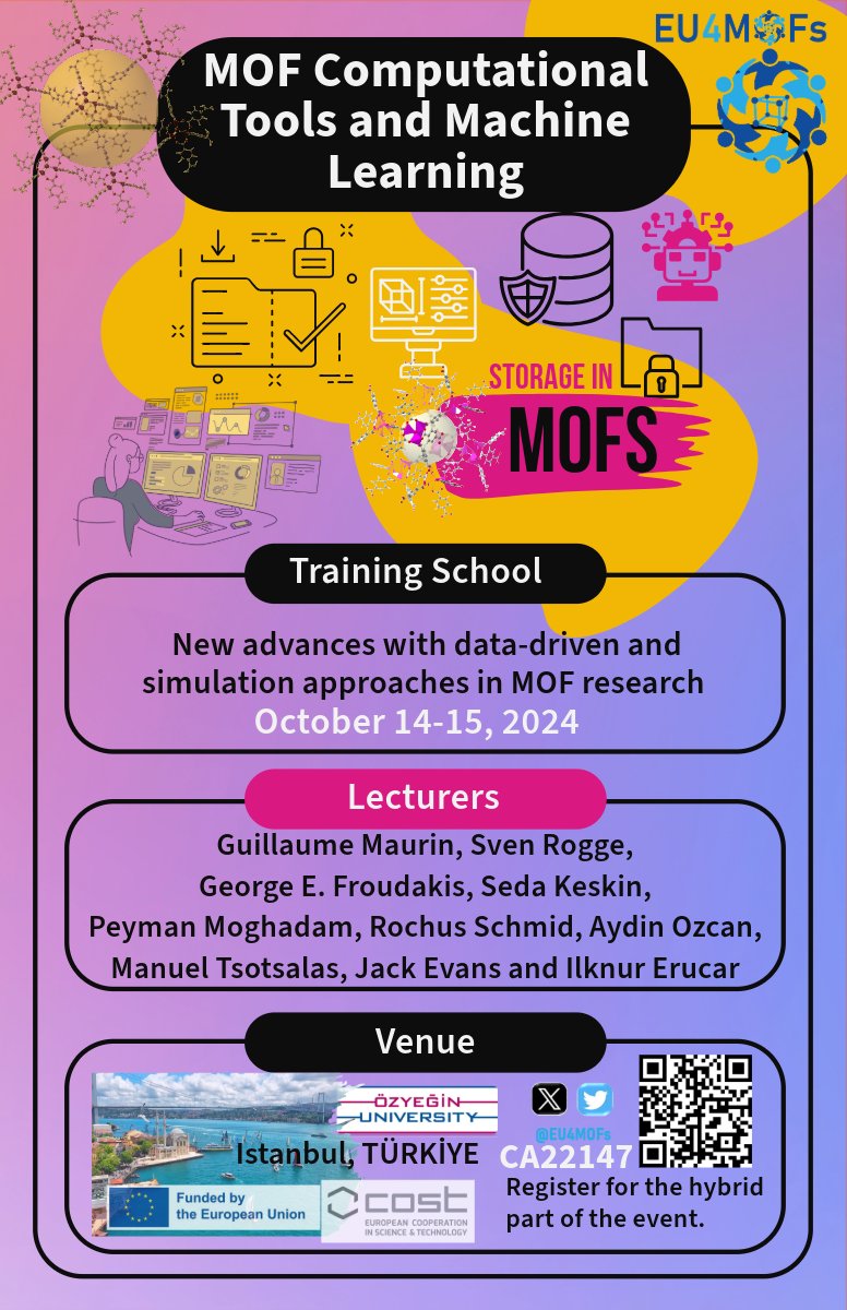 📢 Join us on October 14-15, 2024 for the Training School on MOF Computational Tools &amp; Machine Learning!
🔬 Learn the latest in data-driven &amp; simulation approaches for MOF research from top experts.
🔗 Register now using the QR code or here: tinyurl.com/WG4trainingsch…
