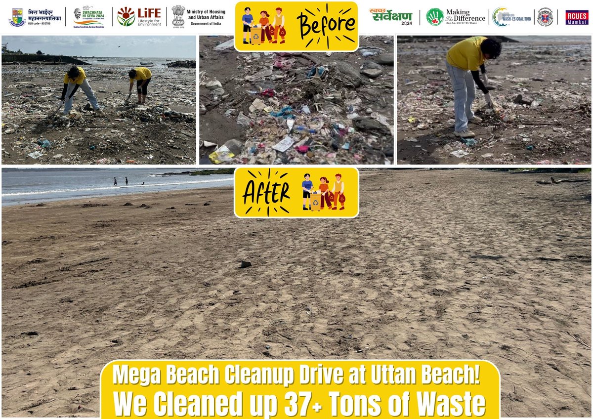 mtdngo's tweet photo. As part of the #SwachhataHiSeva campaign, we partnered with @MBMC for a Mega Beach Clean-Up at Uttan Beach, Mira Bhayander. 🌊 Over 25+ schools &amp; colleges joined in, and 37 tons of waste was collected on #InternationalCoastalCleanupDay♻️ https://t.co/Y176a0b8Ft