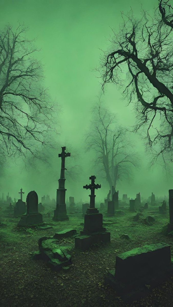 spooky_nature's tweet photo. Haunted graves beneath a ghostly green fog. https://t.co/w865X0Fpcc