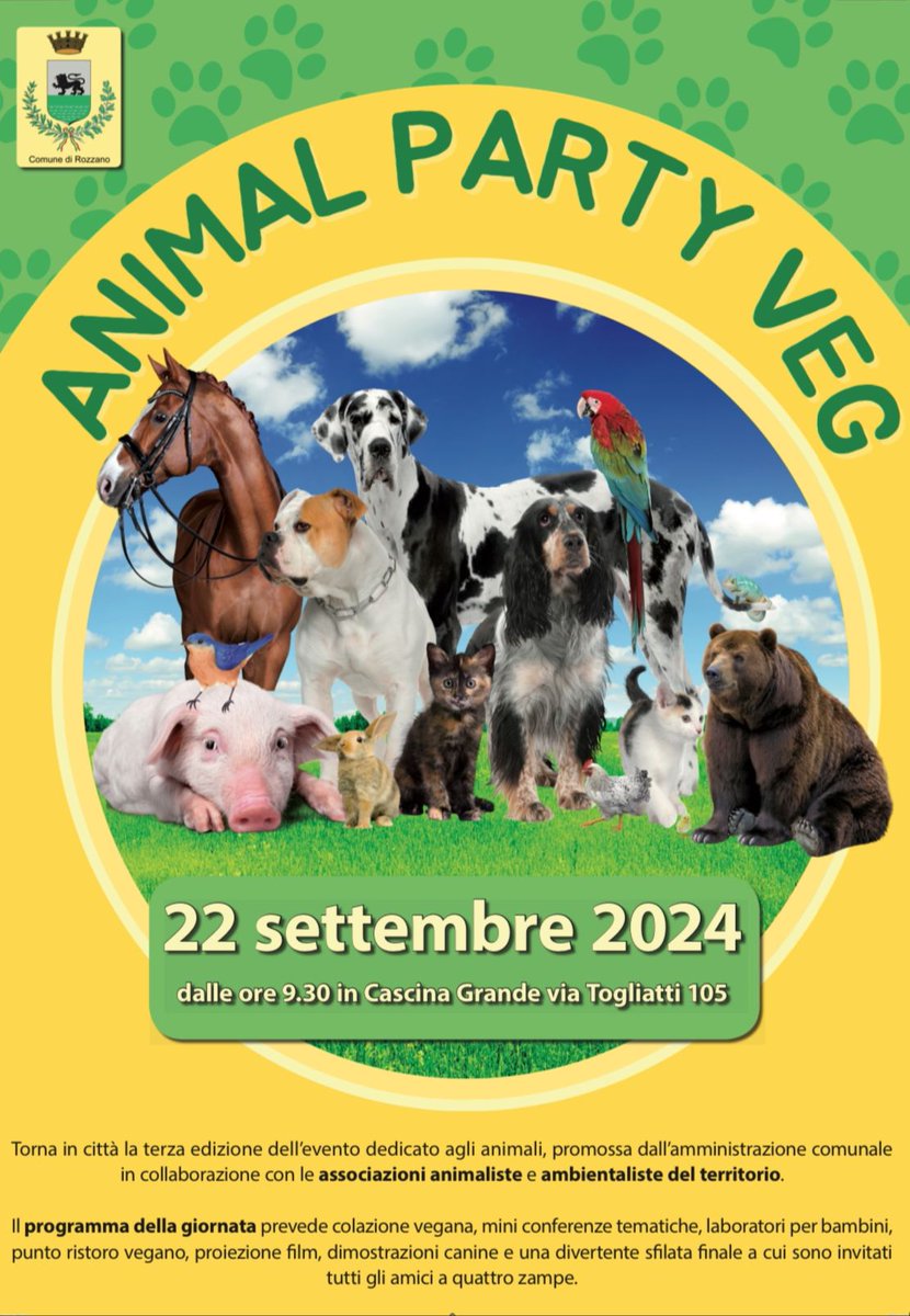 Vi aspettiamo domenica 22 settembre a Animal Party Veg evento organizzato dal comune di Rozzano (Mi) in Cascina Grande via Togliatti 105. Una giornata dedicata ai nostri anici animali. #Rozzano #CascinaGrande #vegan