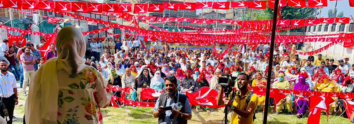 JKNC_'s tweet photo. JKNC President Farooq Abdullah, along with the Alliance candidate for Habbakadal, Advocate Shameema Firdous, addressed a massive rally today at Chattabal, located in the Habbakadal constituency. He was accompanied by senior leaders Dr. Sameer Kaul and Sajad Shaheen. https://t.co/FOCa9uHkQZ