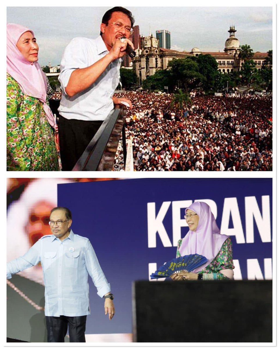 ReeNGaston's tweet photo. MasyaAllah.. baru perasan 
Baju dan tudung yg sama 26 tahun yg lalu.

- hampa masih pakai baju yg di pakai 26 tahun dulu ?
Simple nya bini PM ni 🤔 https://t.co/XdKQlEyrsD