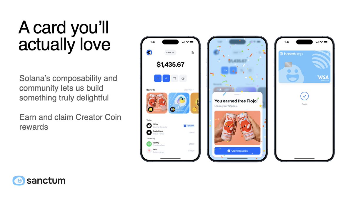 solana's tweet photo. Founder @soleconomist introduced two new PayFi products for @sanctumso at Breakpoint!

Here’s the TLDR if you missed it:

1. Creator Coins

Creator coins permissionlessly enable organizations and individuals to build, grow, and monetise their communities. 

Some example use-cases include @drinkflojo, a productivity energy drink, and @gethealthsol, which funds diagnostic tests and medication to save lives around the world.

2. Cloud Card

Released in partnership with @basedappHQ and @JupiterExchange, the Cloud Card lets you spend Solana and stablecoins in 100+ countries — and marks another step for the growth of PayFi on the network.