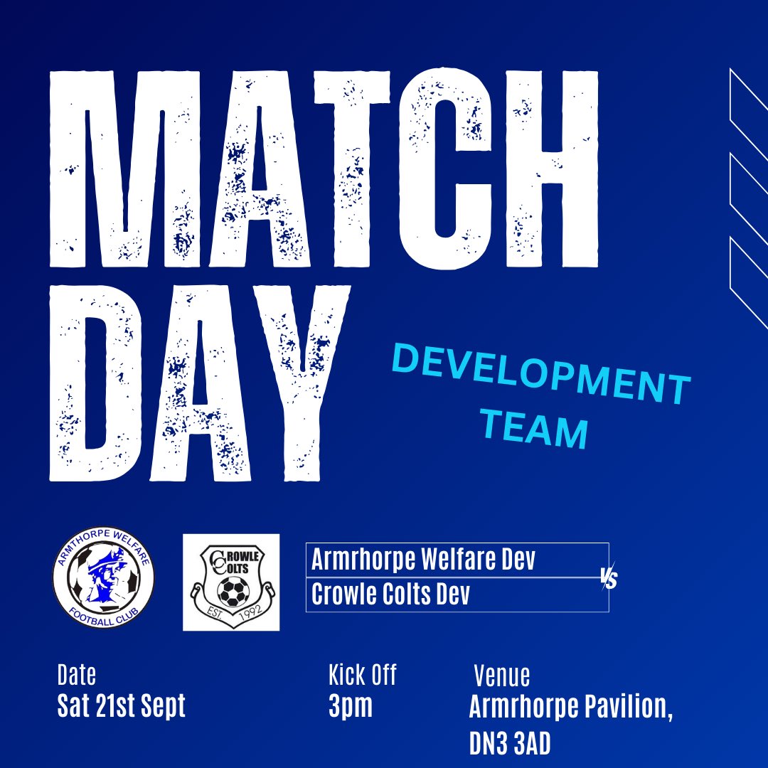 MATCHDAY - DEVELOPMENT TEAM 

Our DEVELOPMENT TEAM are at home today against Crowle Colts - why not head down to The Pavilion and cheer them on 

#UpTheWellie