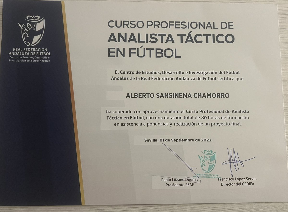 Curso profesional de análisis táctico por la <a href="/RFAF/">RFAF</a> finalizado.Experiencia top con ponentes de un nivel muy alto.Lo recomiendo 100%.
#formacion 
#scouting